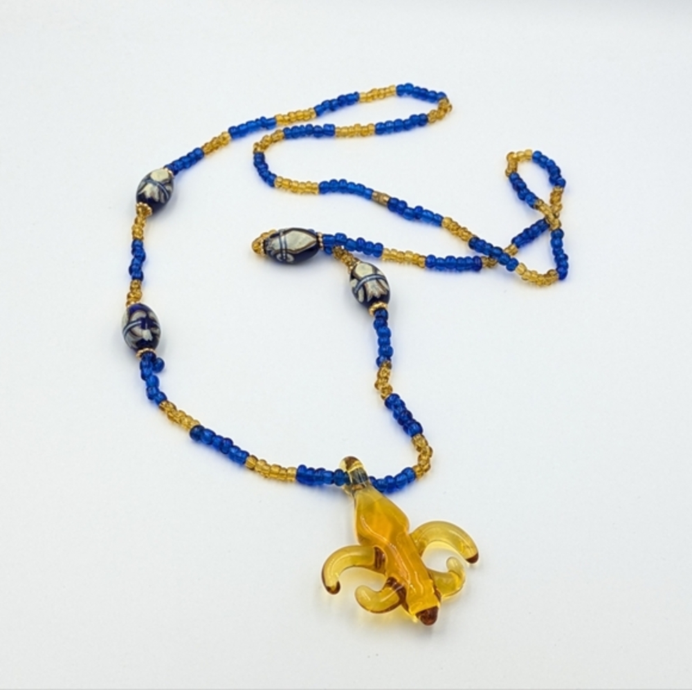 Vintage Hand-painted Fleur-de-lis Glass Bead Royal Blue & Gold Necklace